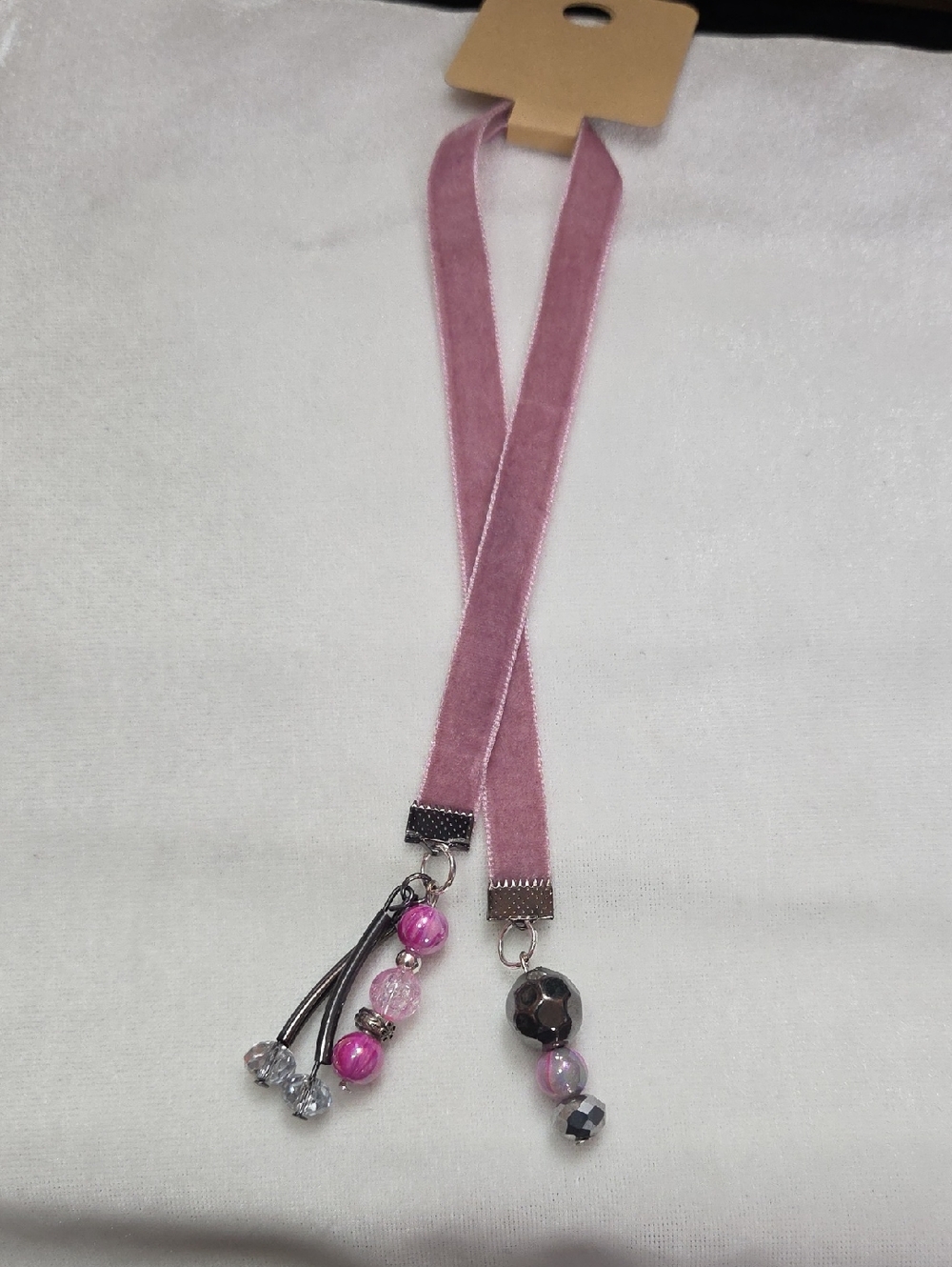 Handmade Rose Pink Velvet Ribbon Bookmark Pink Silver Beaded Charm Handcrafted